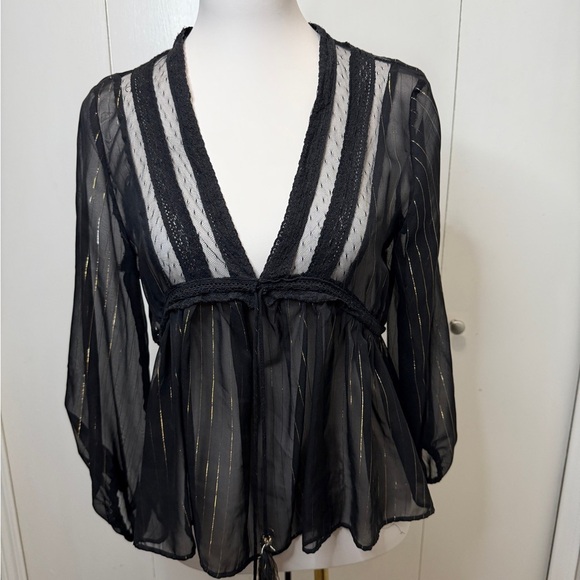 Zara Tops - Zara Black Sheer Blouse with Gold Accents